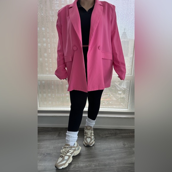 Pretty Little Thing Candy Pink Woven Button Sleeve Detail Blazer - Picture 3 of 9